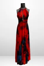 Kadın Önü Drapeli Astarlı Boncuk Detaylı Çiçekli Uzun  Şifon Elbise