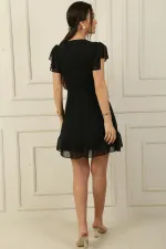 Double-breasted collar, flounce sleeves and skirt, lace-up waist, lined chiffon dress
