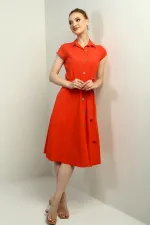 Women's Button-Front Belted Shirt Collar Short-Sleeve Dress