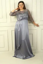 Kadın Çiçekli Altı Saten Üstü Gritel Astarlı Büyük Beden Uzun Elbise