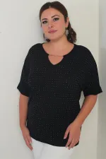 Kadın Yakası Zincirli Kısa Yarasa Kollu Taşlı Likralı Büyük Beden Bluz