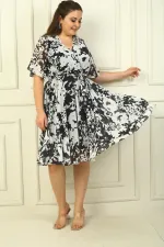 Women's Double-Breasted Collar Flounce Sleeve Lined Waist Belted Large Rose Chiffon Dress