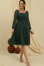 Square Neck Belted Balloon Sleeve Lined Glittery Dress