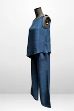 Kadın  Toka Detaylı Eteği Asimetrik Bluz Beli Lastikli Cepli Palazzo Pantolon Keten 2'li Takım