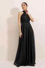 Boyundan Bağlamalı Astarlı Simli Uzun Elbise