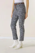 Beli Lastikli Kemerli Yandan Cepli Cam Kırığı Desen Dar Paça Pantolon