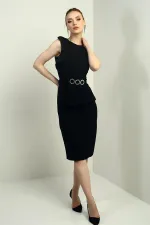 Women's Round Neck Ruffled Belted Crepe Midi Dress