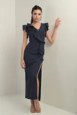 Women's Long Dress with Embroidered Roses on the Shoulder, Lined, Front Slit and Ruffles