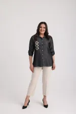 Women's Plus Size Lyocell Shirt with Embroidered Appliqué Front and D-Buckle