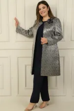 Sleeveless Blouse with Side Slits, Beaded Detail, Lined Long Jacquard Jacket and Trousers, Plus Size 3-Piece Set