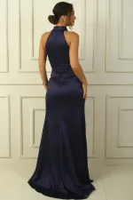 High-necked, gathered front, lined, slit satin dress