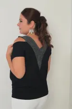 Kadın Ön Arka V Fileli Omuz Dekolteli Likralı Büyük Beden Bluz