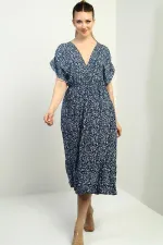 Kadın Ön Arka V Yaka Yarasa Kollu Mini Çiçekli Cepli Fırfırlı Elbise