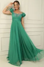 Ön Arka V Yaka İp Askılı Kısa Kollu Önü Taşlı Astarlı Uzun Tül Elbise