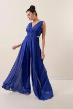 Waist-detailed, front and back V-neck, lined chiffon jumpsuit.