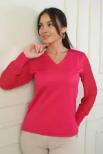 Kadın Merdiven V Yaka Kolları Şifon Kazak