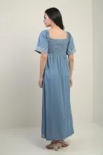 Women's Pentagon Neckline Button Detail Back Embroidered Long Denim Dress