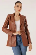 Tek Düğmeli Sahte Cepli Astarlı Deri Ceket