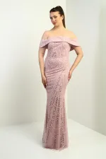 Kadın Madonna Yaka Astarlı Üstü Tül Boncuk-Pul İşlemeli Uzun Abiye Elbise