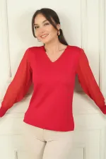 Kadın Merdiven V Yaka Kolları Şifon Kazak