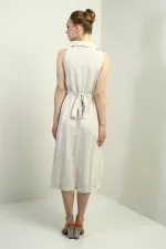 Kadın Polo Yaka Ön Pile Düğme Detaylı Midi Keten Elbise