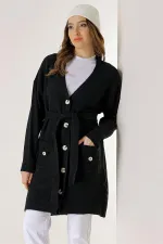 Arkası Nakışlı Beli Kuşaklı Cepli Uzun Hırka