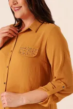 Button-Front Truvakar Sleeve Plus Size Ayrobin Long Tunic with Pearl Details