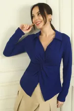 Kadın Polo V Yaka Düğüm Detaylı Likralı Bluz