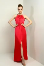 Robe longue en velours côtelé satiné à bretelles, col halter et ceinture fendue sur le devant pour femme