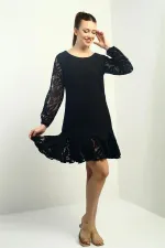 Women's Short Dress with Flocked Print on Sleeves and Hem, and Ruffled Detail.
