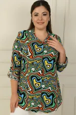 Plus Size Shirt with Geometric Pattern, Fold-Up Sleeves, and Metal Button Front