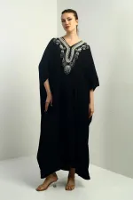 Women's V-Neck Embroidered Pocket Oversize Long Dress