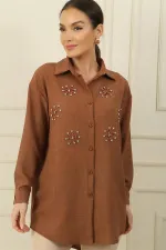 İnci-Taş Detaylı Keten Efekt Gömlek