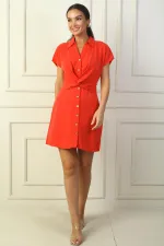 Kadın Önü Düğmeli Düğüm Detaylı Bel Lastikli Lyocell Pamuk Kısa Elbise