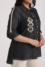 Women's Plus Size Lyocell Shirt with Embroidered Appliqué Front and D-Buckle