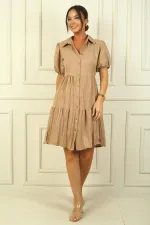 Linen-Effect Dress with Buttoned Front and Gathered Sleeves