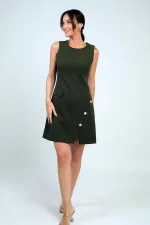 Kadın Yuvarlak Yaka Kolsuz Önü Düğme Detaylı Elbise