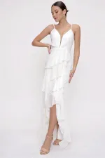 Robe longue en mousseline doublée à bretelles, volants et superpositions