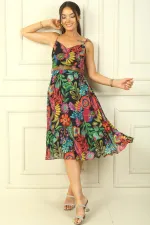 Chiffon Dress with Rope Straps, Belted Waist, Mixed Floral Pattern, Lined Pleated Skirt