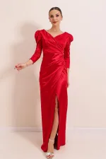 Kruvaze Yaka Yanı Büzgülü Astarlı Uzun Saten Elbise