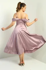 Kadın İp Askılı Düşük Kollu Astarlı Pileli Saten Kloş Uzun Elbise