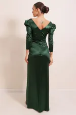 Kruvaze Yaka Yanı Büzgülü Astarlı Uzun Saten Elbise