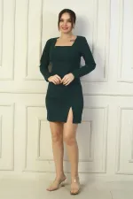 Women's Square Neck Front Slit Crepe Short Dress