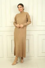 Round Neck, Zip-Up Long Sleeve Knitted Dress