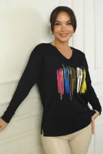 Kadın V Yaka Önü Baskılı Triko Kazak