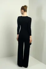 Kadın Kruvaze Yaka Bel Taş Detaylı Uzun Kollu Bol Paça Likralı Tulum