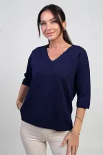 Kadın V Yaka Baklava Desenli Yarım Kol Simli Bluz