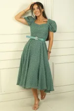 Balloon Sleeve Midi Length Lined Waist Belted Patchwork Fabric Dress