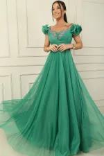 Ön Arka V Yaka İp Askılı Kısa Kollu Önü Taşlı Astarlı Uzun Tül Elbise