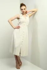 Kadın Polo Yaka Ön Pile Düğme Detaylı Midi Keten Elbise